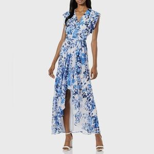 Eliza J Blue and White High-Low Wrap Dress